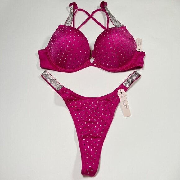 Victoria Secret 32B S Bombshell Push Up Bikini THONG Set Shine Strap Berry Blush - Picture 1 of 11